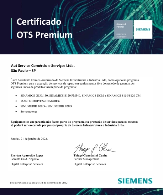 Certificado OTS Premium Siemens